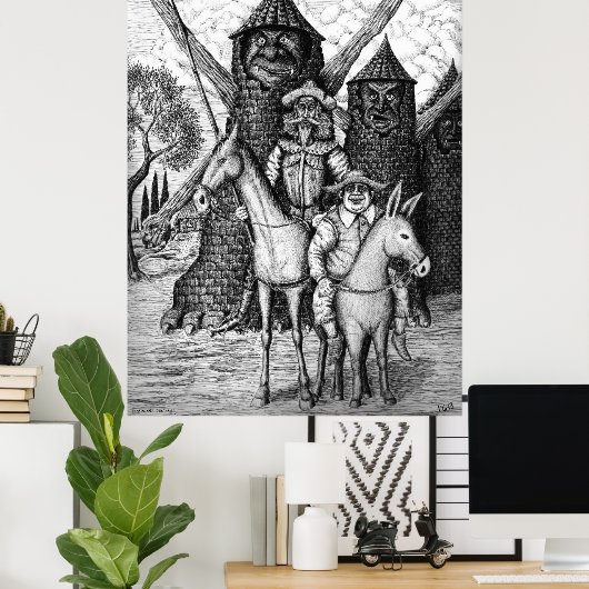 Don Quixote en Sancho Panza-inktpen tekenen Poster (Thuiskantoor)