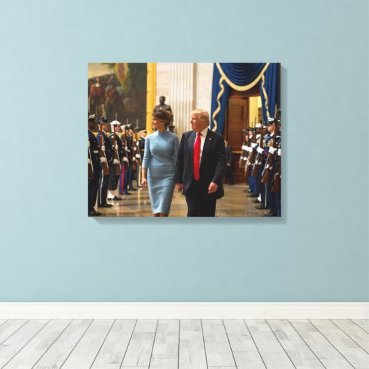 Donald en Melania Trump met militaire erewacht Canvas Afdruk (Insitu (Houten vloer))