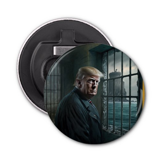 Donald Trump in de gevangenis van Alcatraz Button Flesopener (Voorkant)