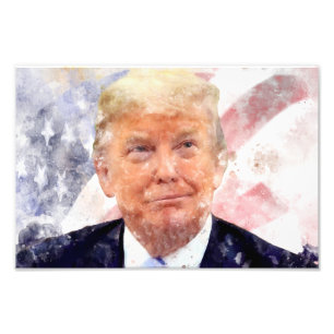 Donald Trump lachend met Amerikaanse vlag Foto Afdruk