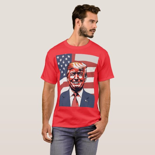 Donald Trump Sketch met subtiele glimlach en Ameri T-shirt (Voorkant volledig)