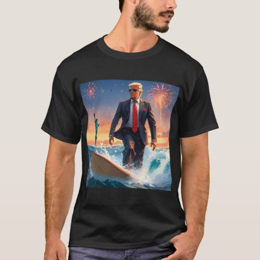 Donald Trump Surfen Vrijheidsbeeld Vuurwerk T-shirt (Voorkant)