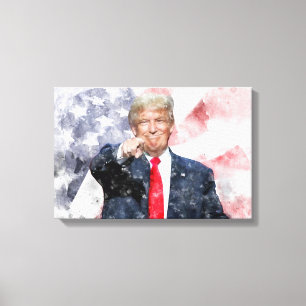 Donald Trump wijzend met Amerikaanse vlag Canvas Afdruk