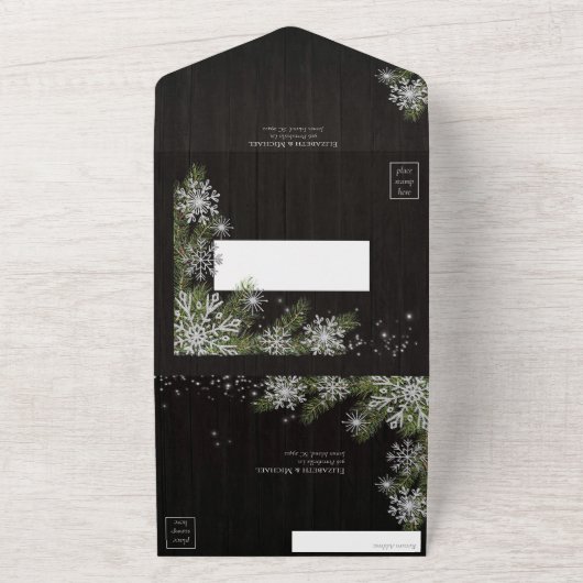 Donk Black Moody Rustic Silver Winter Greenery All In One Uitnodiging (Buitenkant)