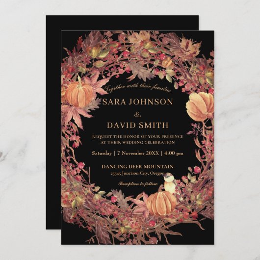 Donk Black Rustic Autumn Wreath Wedding Invitation Kaart (Voorkant / Achterkant)