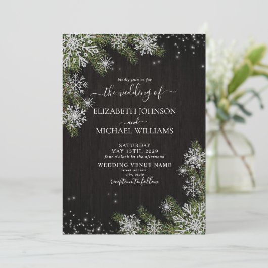 Donk Black Silver Winter Greenery Foto Weddenschap Kaart (Staand voorkant)