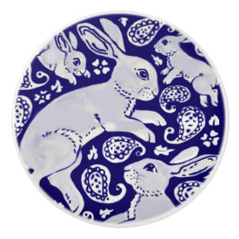 Donk Blue Dancing Rabbits Whimsical Paisley Bunny Keramische Knop