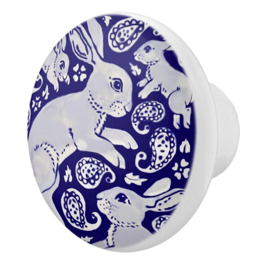 Donk Blue Dancing Rabbits Whimsical Paisley Bunny Keramische Knop (Rechts)