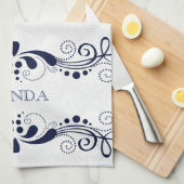 Donk Blue Elegant Floral Swirls Lijst Monogram Theedoek (Quarter Fold)