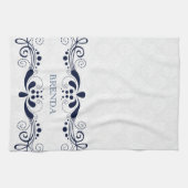 Donk Blue Elegant Floral Swirls Lijst Monogram Theedoek (Horizontaal)