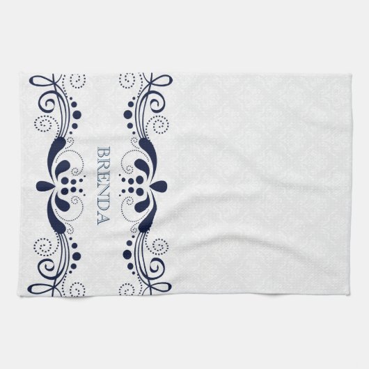 Donk Blue Elegant Floral Swirls Lijst Monogram Theedoek (Horizontaal)
