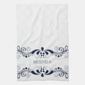 Donk Blue Elegant Floral Swirls Lijst Monogram Theedoek (Verticaal)