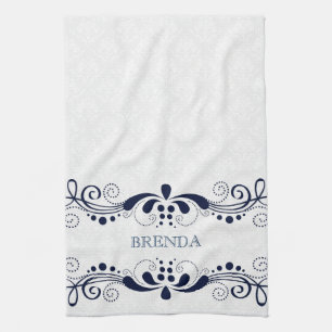 Donk Blue Elegant Floral Swirls Lijst Monogram Theedoek