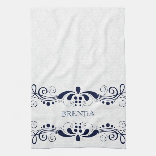 Donk Blue Elegant Floral Swirls Lijst Monogram Theedoek (Verticaal)