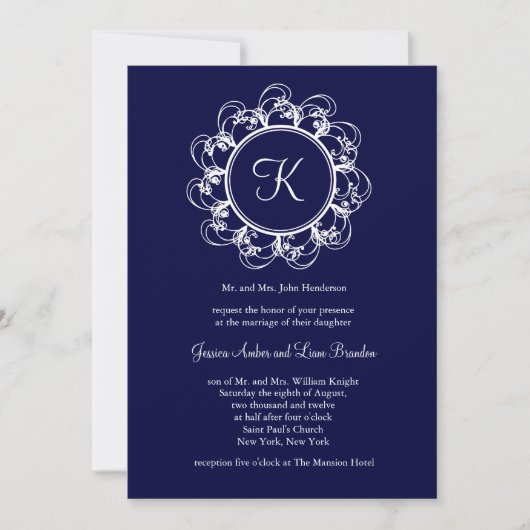 Donk Blue Fancy Monogram Weddenschap Uitnodiging (Voorkant)