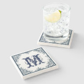 Donk Blue Floral Paisley Lijst Monogram Stenen Onderzetter (Zijkant)