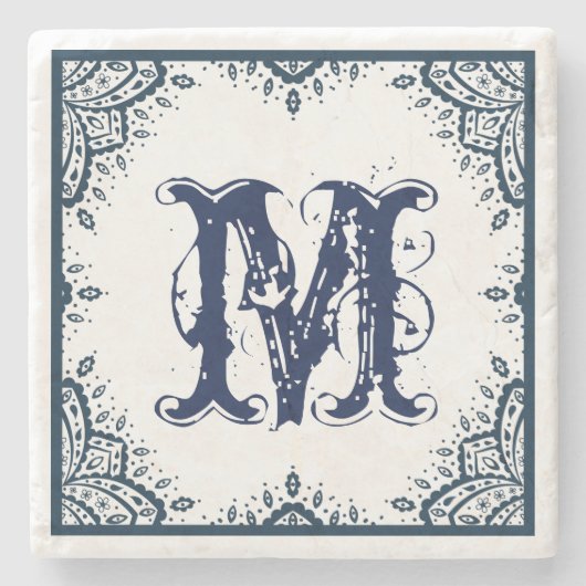 Donk Blue Floral Paisley Lijst Monogram Stenen Onderzetter (Voorkant)