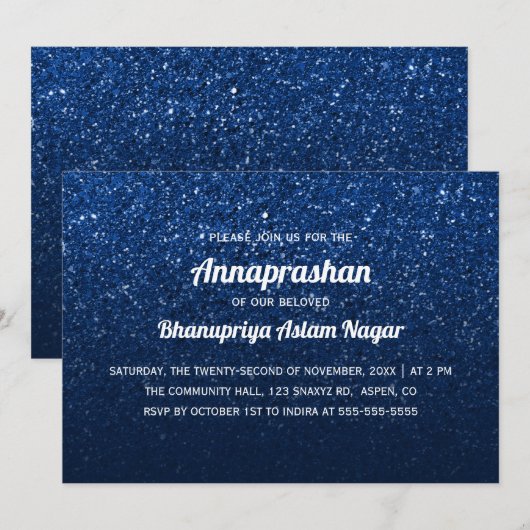 Donk Blue Glitter ombre Annaprashan First Rice Kaart (Voorkant / Achterkant)