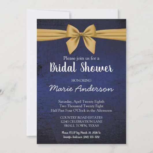 Donk Blue Gold Bow Shower Invitation Kaart (Voorkant)