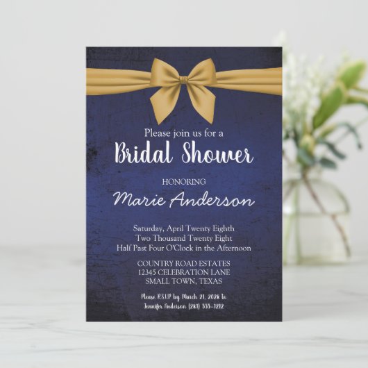Donk Blue Gold Bow Shower Invitation Kaart (Staand voorkant)