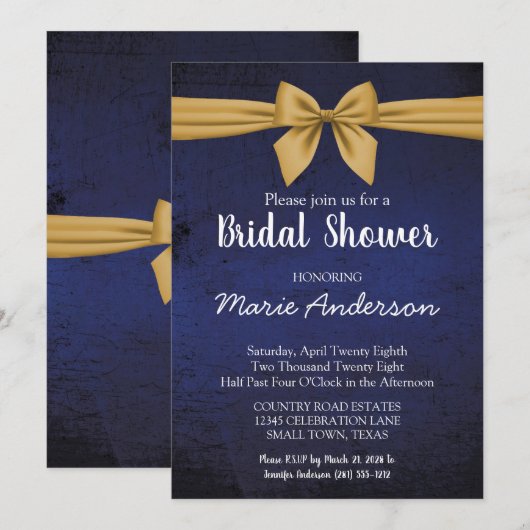 Donk Blue Gold Bow Shower Invitation Kaart (Voorkant / Achterkant)
