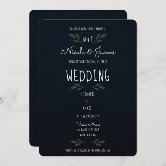 Donk Blue Green Leaves Modern Greenery Wedding Kaart (Voorkant / Achterkant)