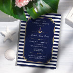 Donk Blue Nautical Bridal Shower Invitation Kaart<br><div class="desc">Pas deze stijlvolle, moderne Nautical Bridal Shower Uitnodiging aan. Blauw en wit gestreept design met donkerblauw, ingesteld als een sjabloon voor een eenvoudige aanpassing. Hieronder zijn verbindingen met een passende Uitnodiging van de Weddenschap en RSVP, de Kaarten van het Programma, de Innodiging van het Diep van de repetitie, de Kaart...</div>