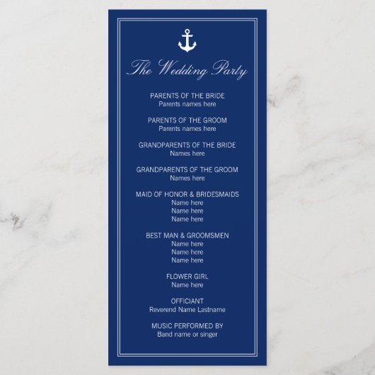 Donk Blue Nautical Wedding Program Rack Kaarten (Achterkant)
