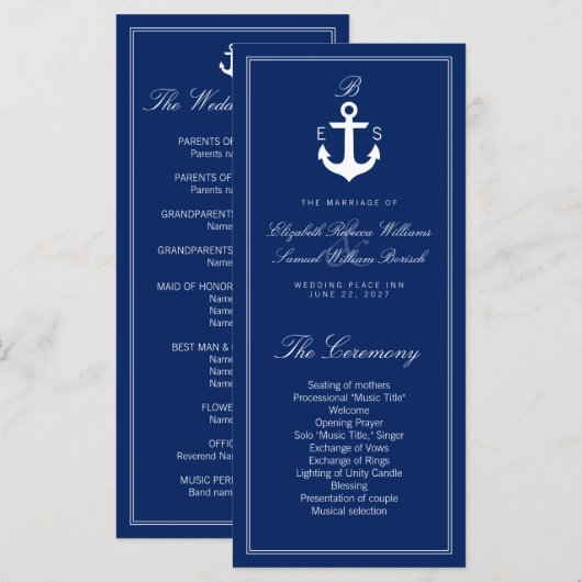 Donk Blue Nautical Wedding Program Rack Kaarten (Voorkant / Achterkant)