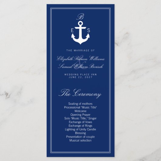 Donk Blue Nautical Wedding Program Rack Kaarten (Voorkant)