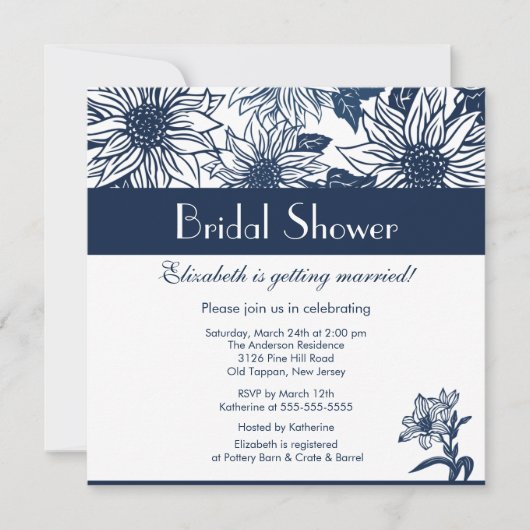 Donk Blue Sunflower Bridal Shower Invitation Kaart (Voorkant)