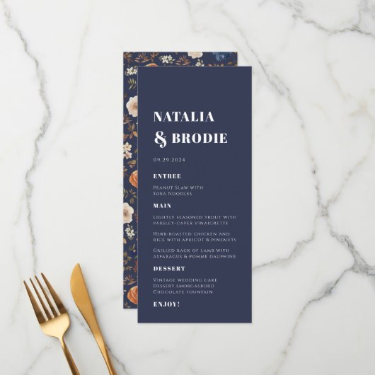 Donk Boho Navy Terracotta Wedding Menu (Voorkant / Achterkant in situ)