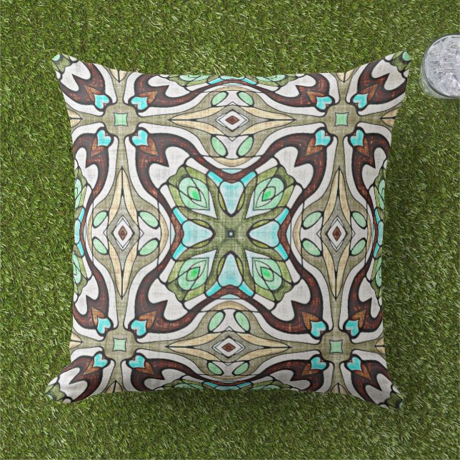 Donk Brown Aqua Turquoise Blue Green Tribal Art Buitenkussen (Gras)