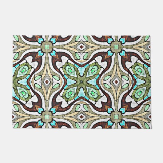 Donk Brown Aqua Turquoise Blue Green Tribal Art Deurmat (Voorkant)