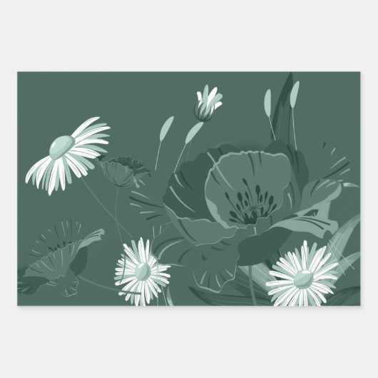 Donk Dusty Green Poppy en Daisy Inpakpapier Vel (Voorkant)