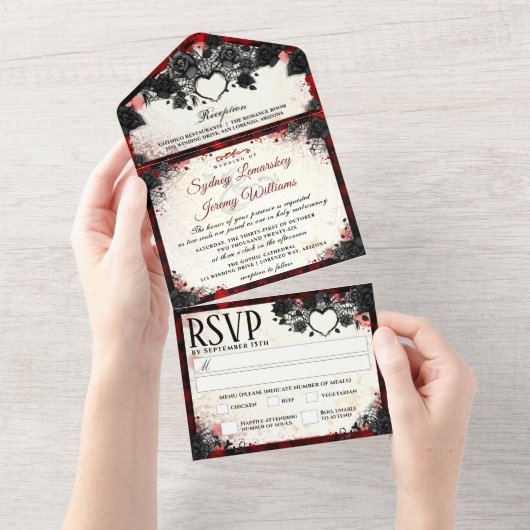 Donk Gothic Halloween Heart Wedding MENU All In One Uitnodiging (Afscheurbaar)