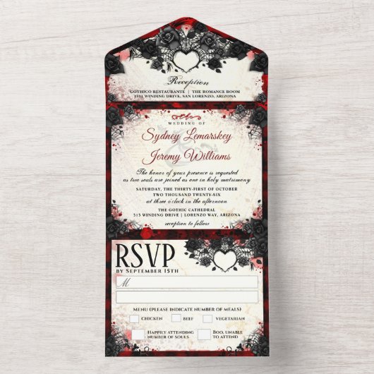 Donk Gothic Halloween Heart Wedding MENU All In One Uitnodiging (Binnen)