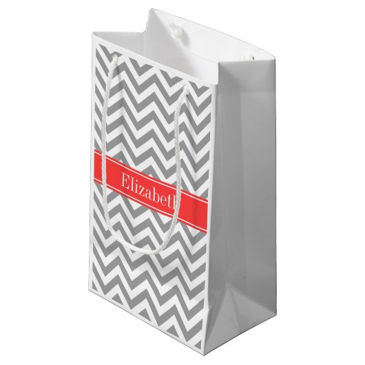 Donk Gray Lg Chevron Coral Red Name Monogram Klein Cadeauzakje (Voorkant Gekanteld)