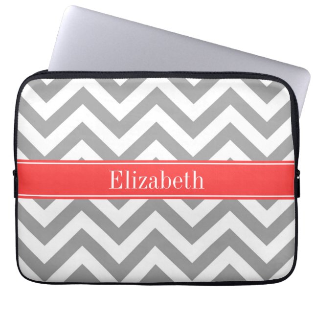 Donk Gray Lg Chevron Coral Red Name Monogram Laptop Sleeve (Voorkant)