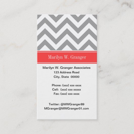 Donk Gray Lg Chevron Coral Red Name Monogram Visitekaartje (Voorkant)