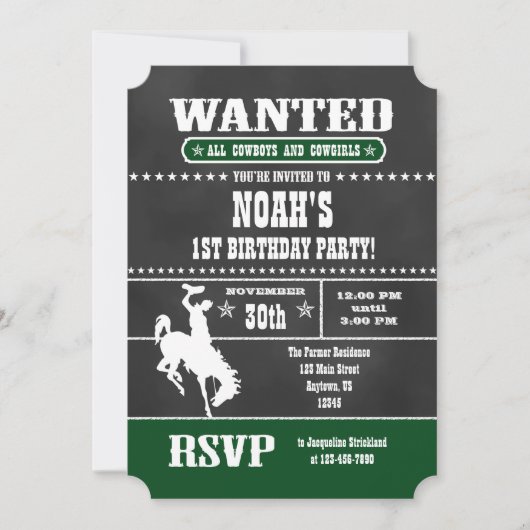 Donk Green Chalkboard Cowboy Birthday Invitation Kaart (Voorkant)