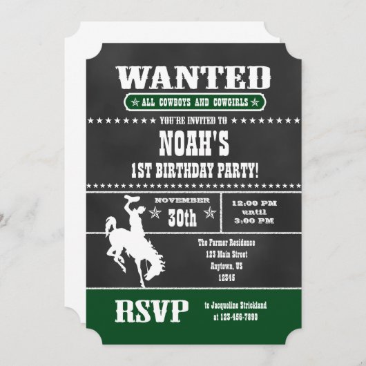 Donk Green Chalkboard Cowboy Birthday Invitation Kaart (Voorkant / Achterkant)