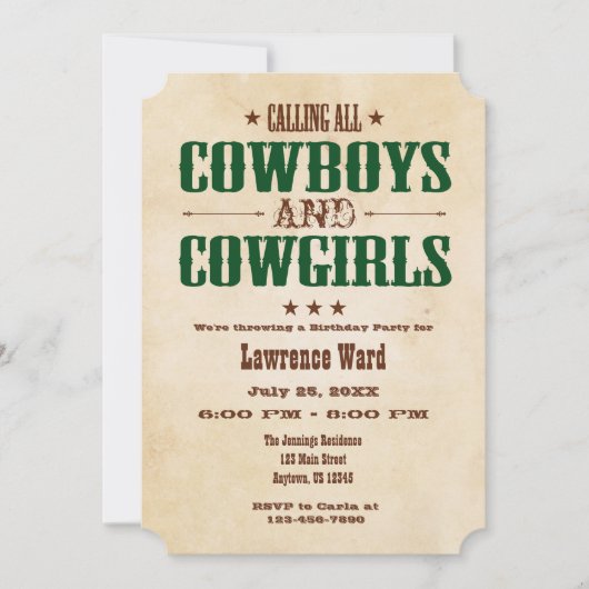 Donk Green  Cowboy Birthday Invitation Kaart (Voorkant)