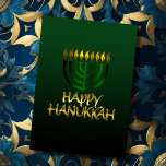 Donk Green Gold Menorah Flames Happy Hanukkah-kaar Feestdagen Kaart<br><div class="desc">Vakantiegerelateerde items ontworpen door Umua. Gedrukt en verzonden door Zazzle of hun gelieerde ondernemingen.</div>