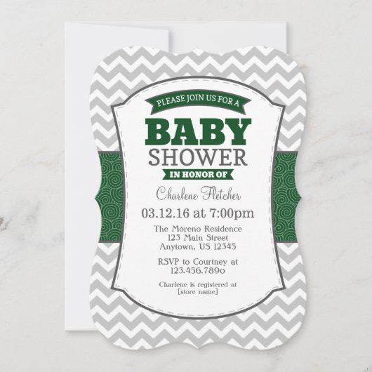 Donk Green Grey Chevron Baby shower Invitation Kaart (Voorkant)