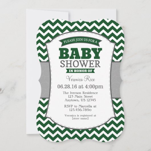 Donk Green Grey Chevron Baby shower Invitation Kaart (Voorkant)