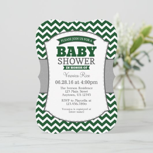 Donk Green Grey Chevron Baby shower Invitation Kaart (Staand voorkant)