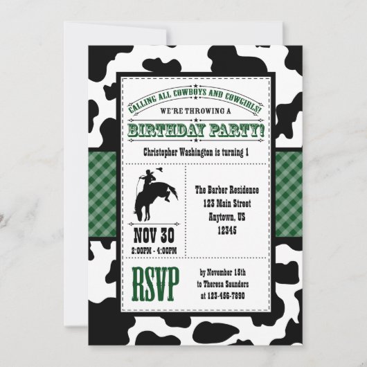 Donk Green Koeienhuid Cowboy Birthday Invitation Kaart (Voorkant)