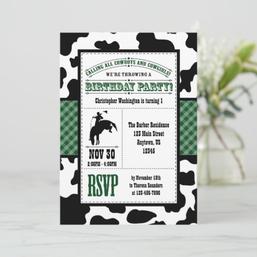 Donk Green Koeienhuid Cowboy Birthday Invitation Kaart (Staand voorkant)