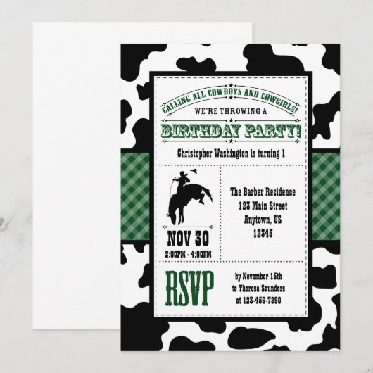 Donk Green Koeienhuid Cowboy Birthday Invitation Kaart (Voorkant / Achterkant)